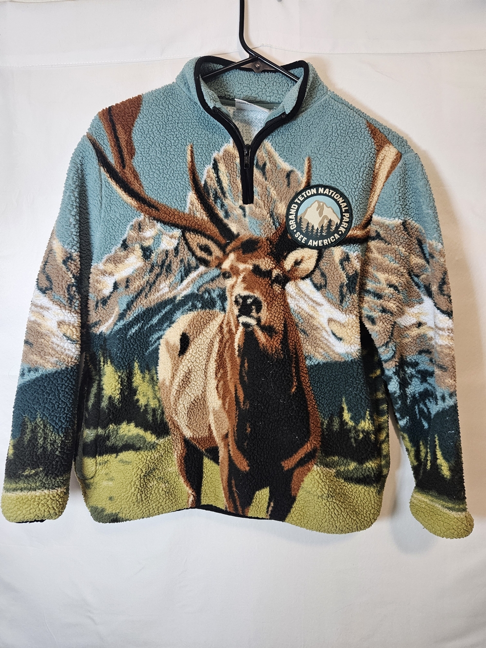 Kids Sherpa Half-Zip Hoodie Elk Graphic Blue/Brown Grand Teton National Park